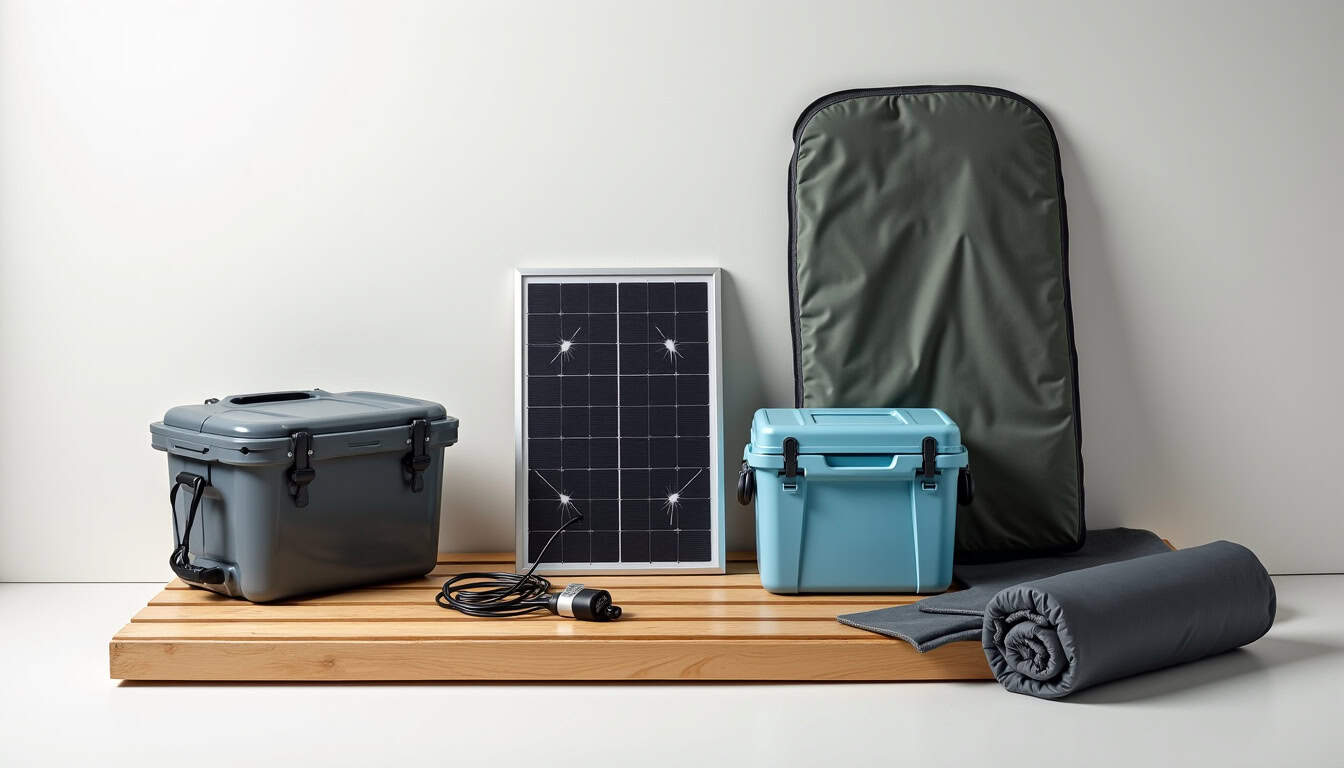 Accessoires de voyage pour Kangoo aménagé: panneau solaire portable, tente de hayon, glacière, rallonge électrique, tapis de sol