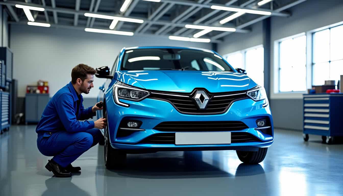 Clio 5 Esprit Alpine en cours de maintenance dans un garage, avec un mécanicien vérifiant le système hybride