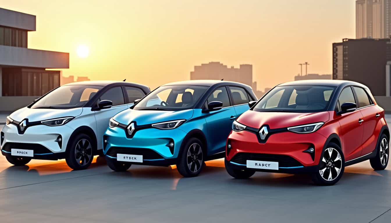 Comparaison visuelle des trois versions de la Renault 5 E-Tech électrique: Five, Iconic et Alpine, avec leurs éléments de design distinctifs et leurs roues