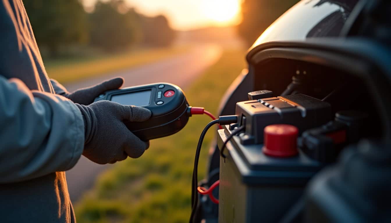 Démarreur-chargeur portable utilisé pour relancer une batterie de voiture en panne sur le bord d