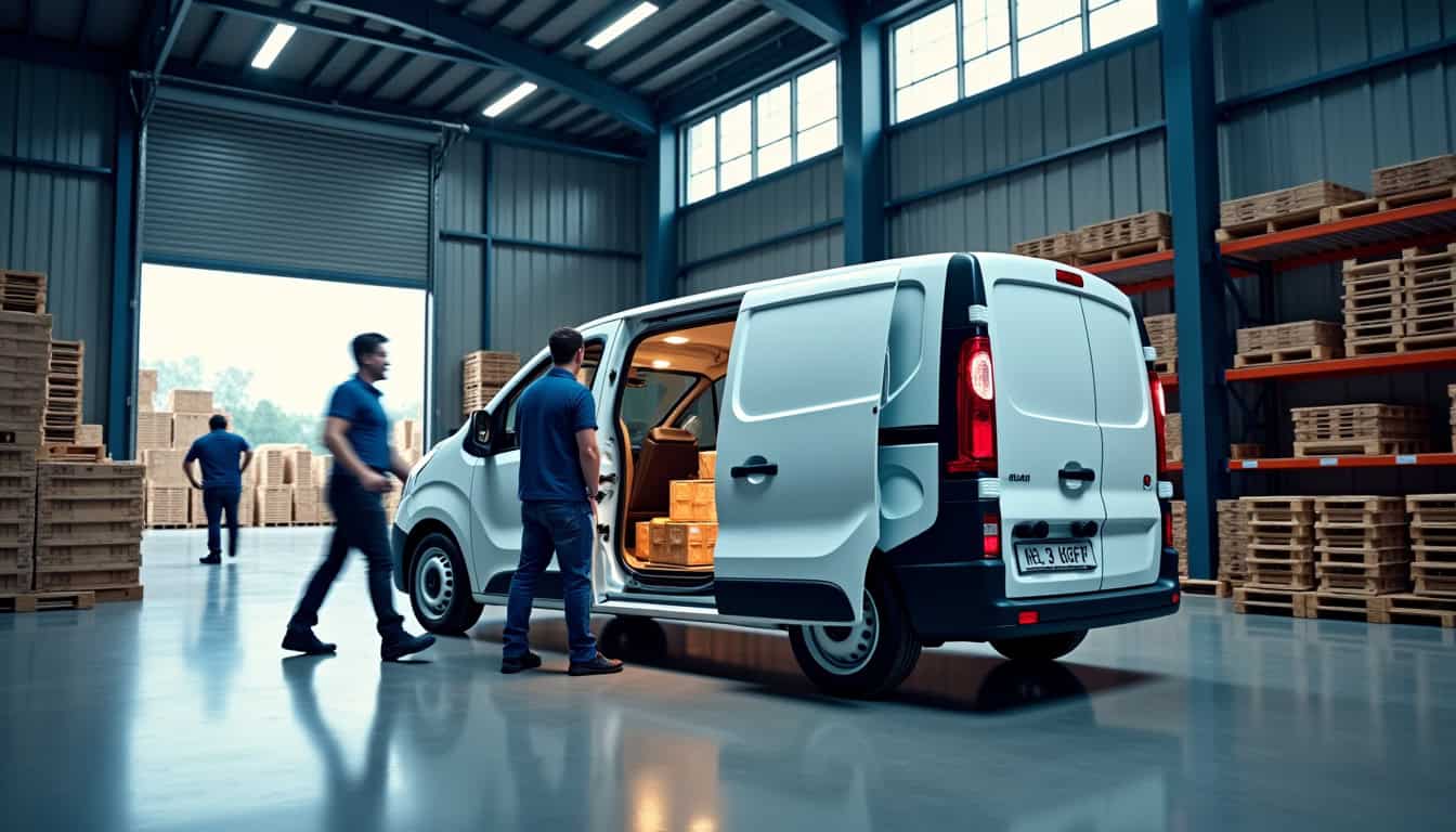Kangoo Van en cours de chargement dans un entrepôt avec la porte latérale Open Sesame entièrement ouverte