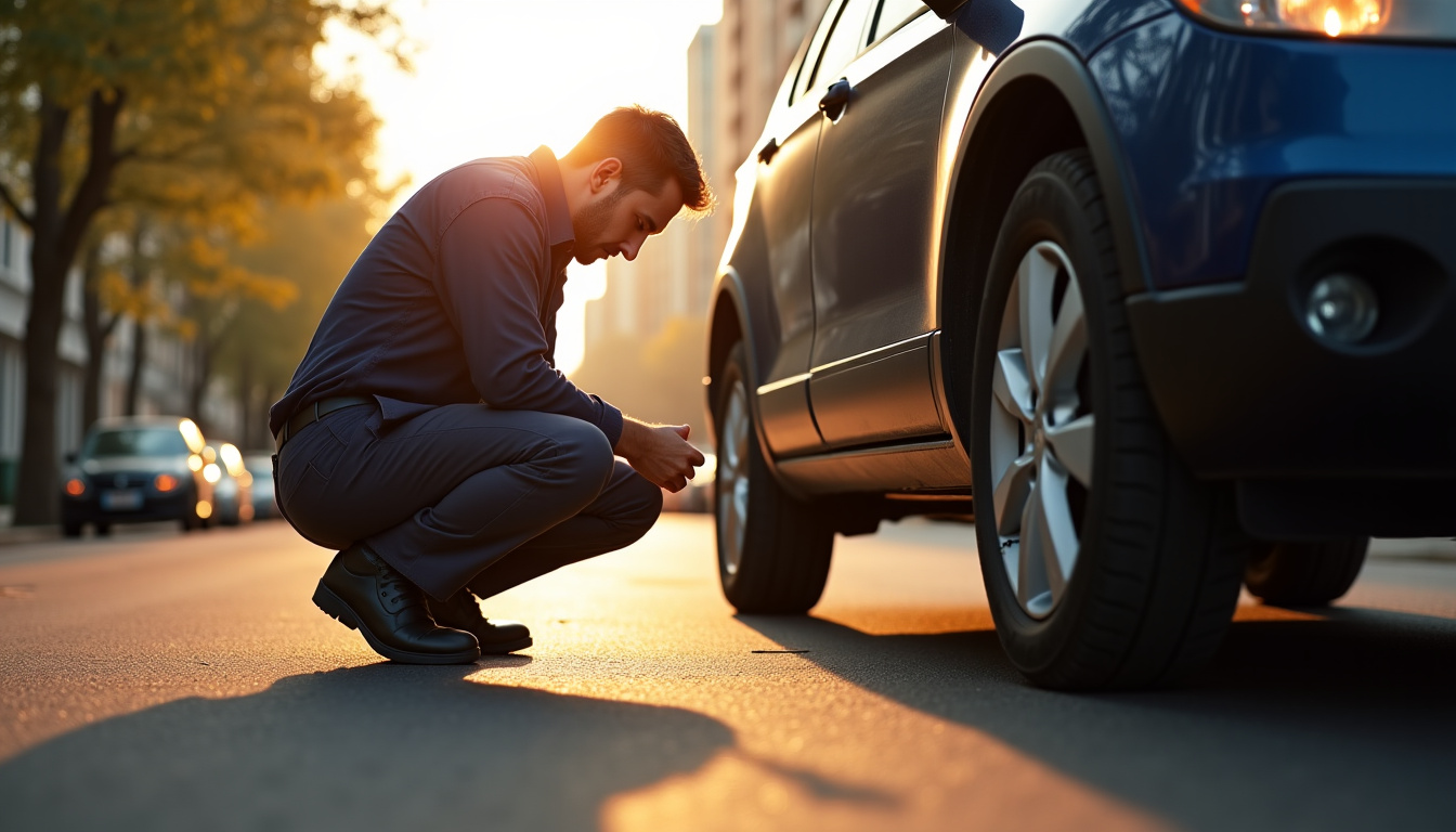 Mécanicien inspectant un pneu sous-gonflé sur une voiture en stationnement
