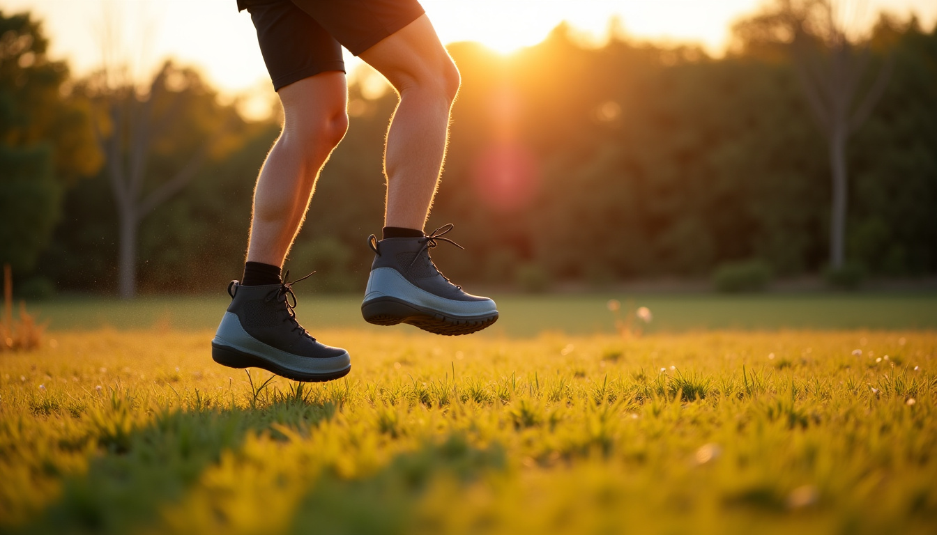 Personne portant des bottes Kangoo Jumps en plein saut, montrant l