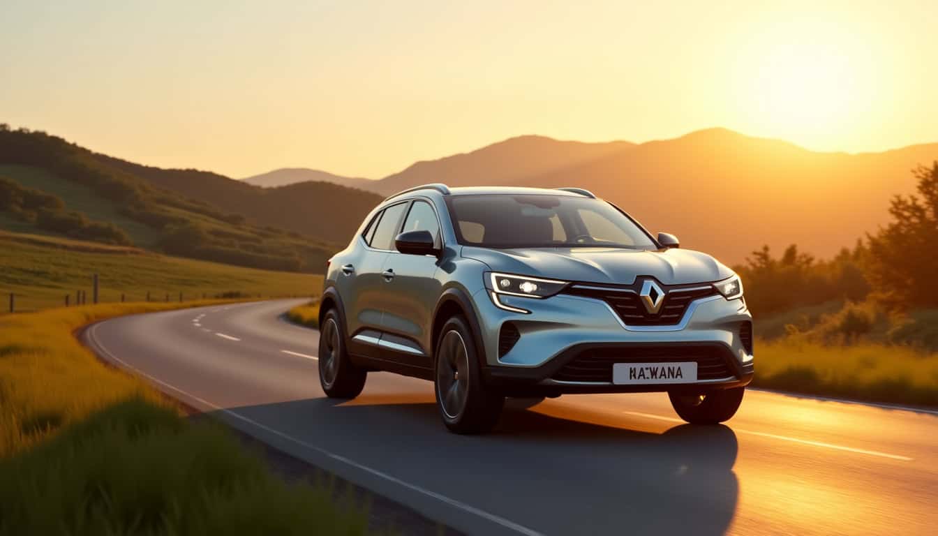 Renault Arkana en circulation sur une route de campagne, mettant en valeur son design coupé