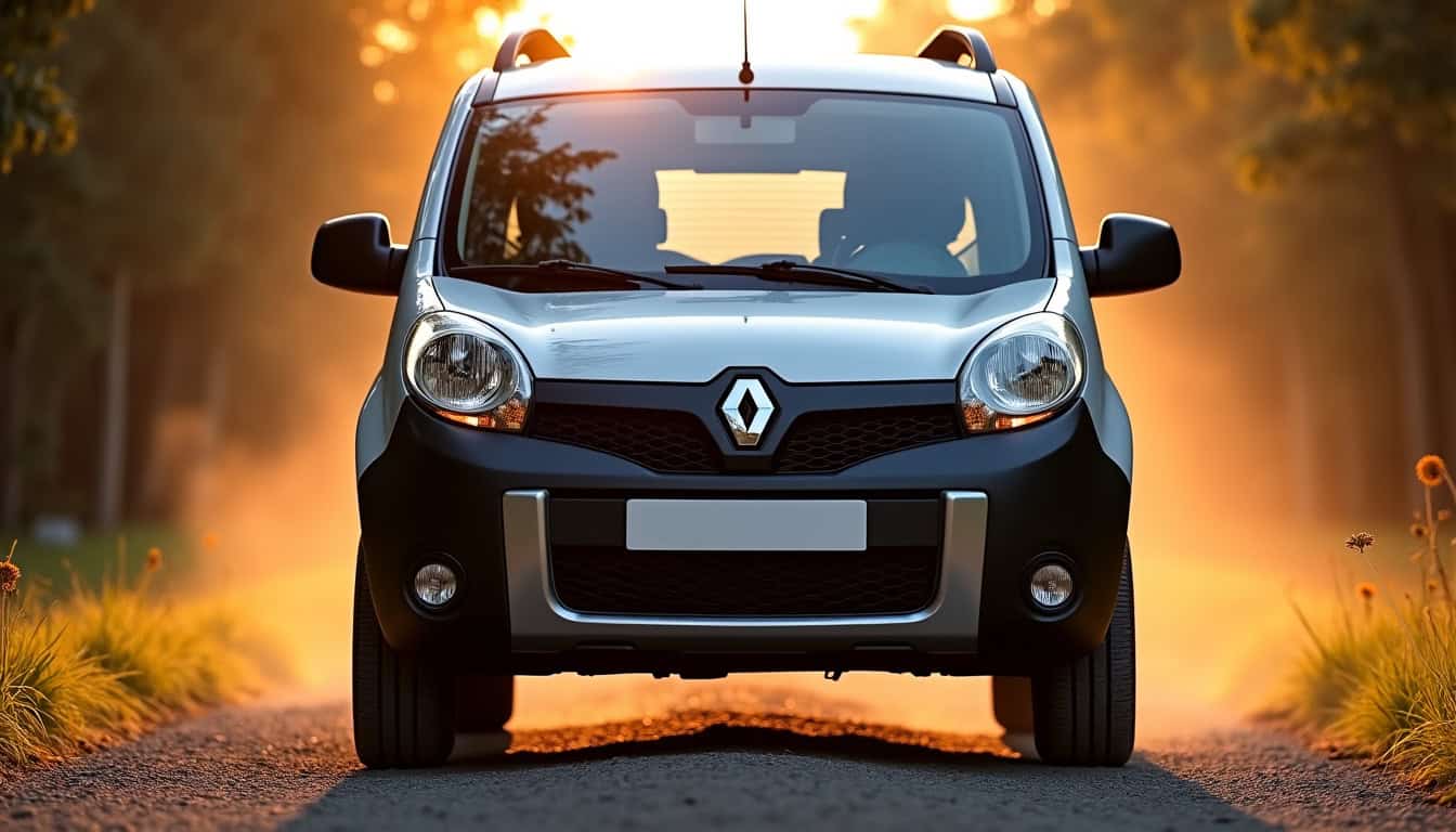 Renault Kangoo 4x4 vu de face, mettant en valeur son bouclier renforcé, ses projecteurs antibrouillard et son look SUV affirmé