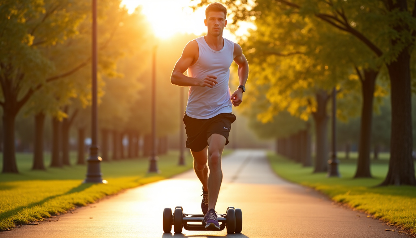 Sportif courant avec des Kangoo Jumps dans un parc en ville, démontrant l