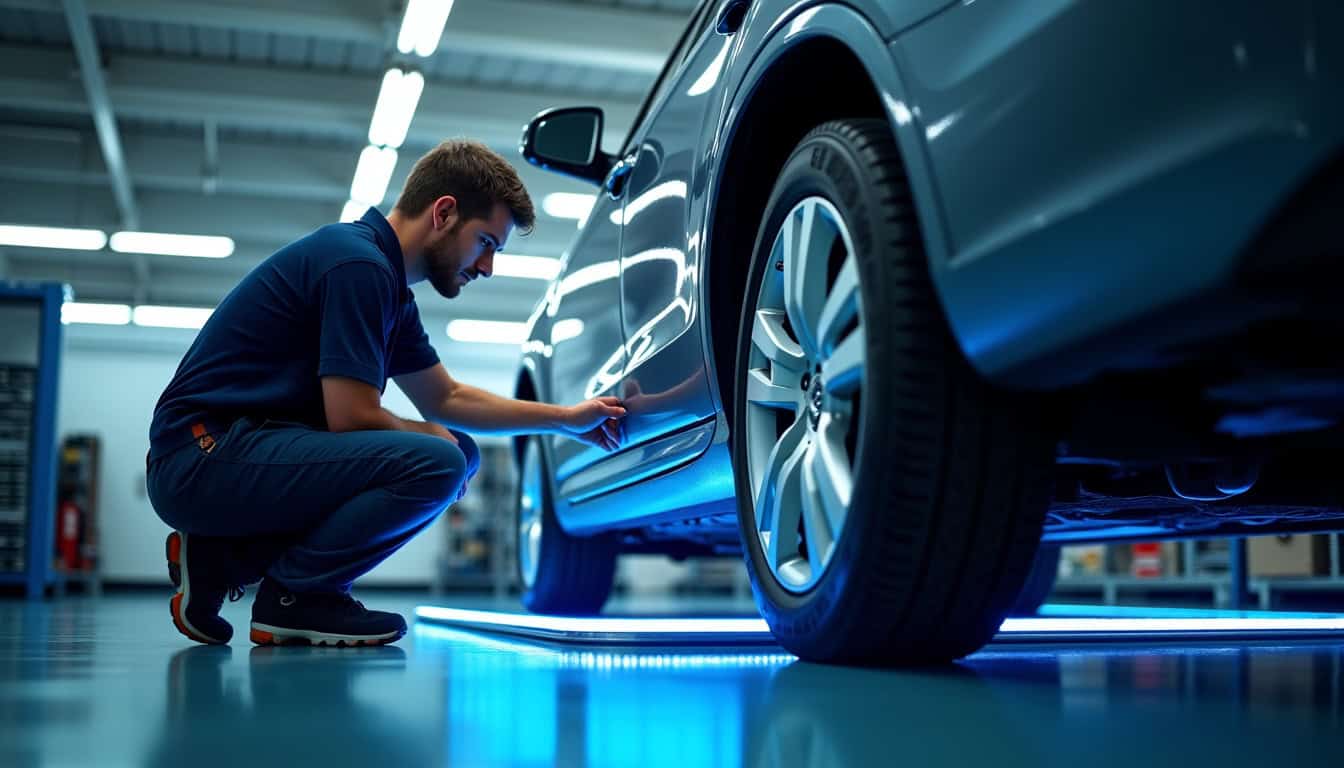 Technicien en train de réaliser un réglage de géométrie sur un banc informatisé, avec des capteurs connectés aux roues