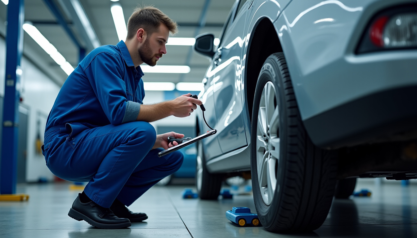 Technicien en train de vérifier la pression des pneus dans un atelier automobile
