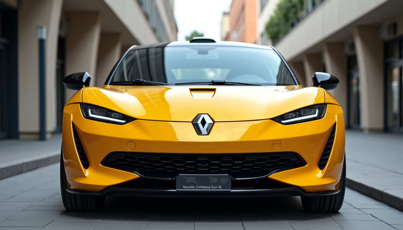 Vue de face de la Renault Clio 5 Esprit Alpine en couleur jaune fluide, montrant les jantes spécifiques et le design sportif du bouclier avant