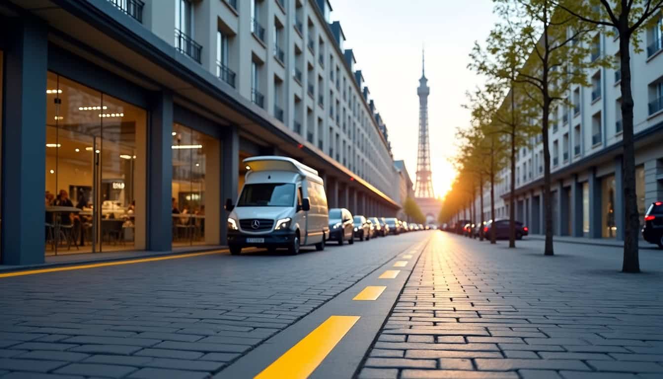 Zone de livraison partagée à Paris marquée par une ligne jaune en pointillés