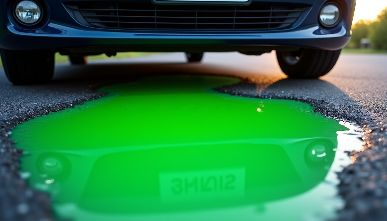 Flaque colorée de liquide de refroidissement sous un véhicule en stationnement