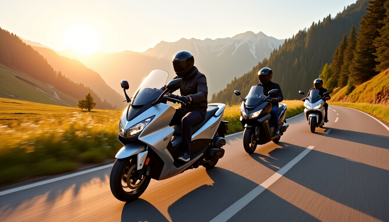 Honda Forza 750 côtoyant un Yamaha TMAX et un BMW C 400 GT sur une route de montagne