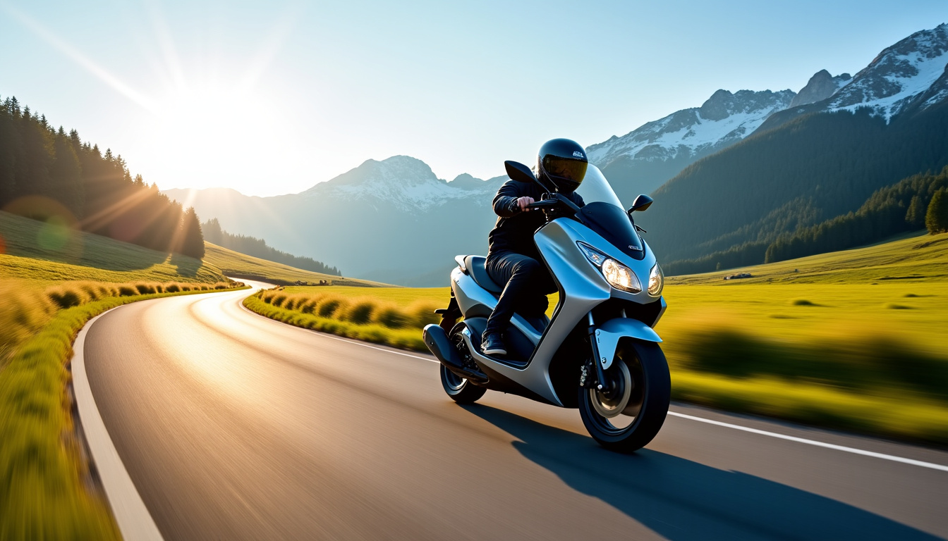 Honda Forza 750 en train de rouler sur une route de campagne avec paysage montagneux en arrière-plan