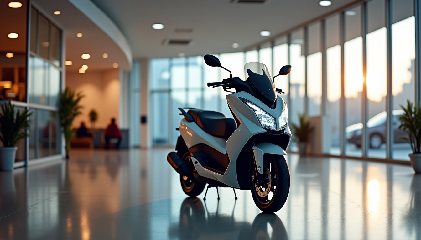 Honda Forza 750 exposé dans un concessionnaire Honda, entouré d