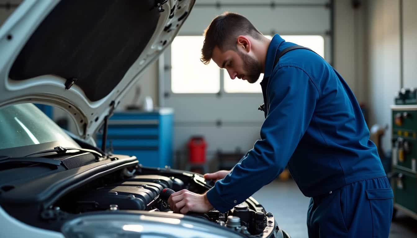 Mécanicien en combinaison inspectant le moteur d