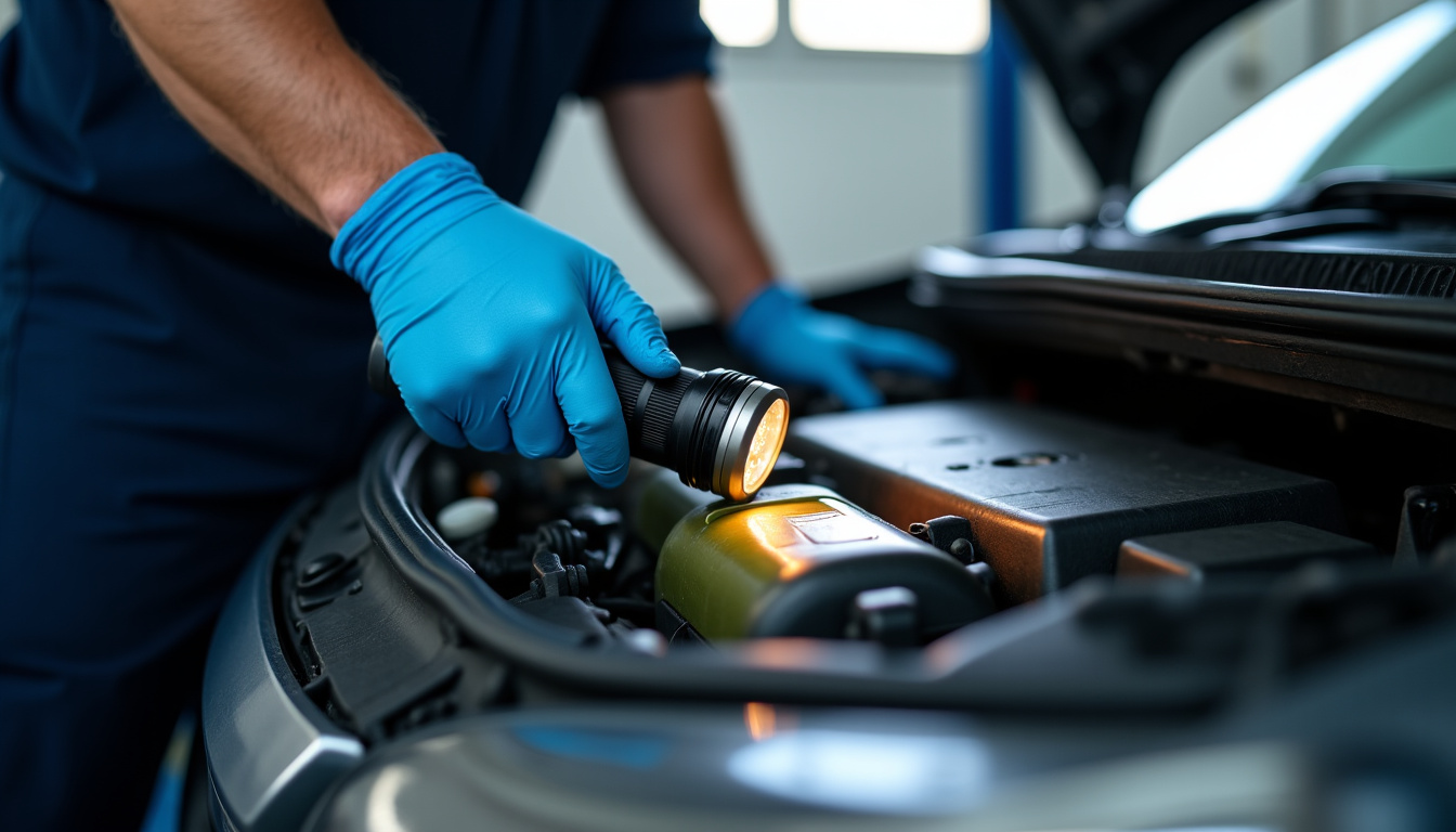 Mécanicien en train d’inspecter un moteur pour une fuite de liquide de refroidissement