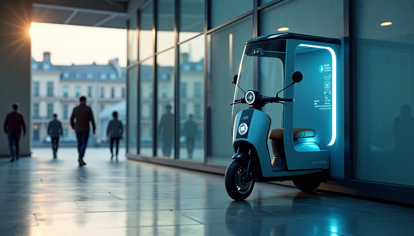 Un scooter stationné dans un box de retrait automatique situé dans une gare parisienne