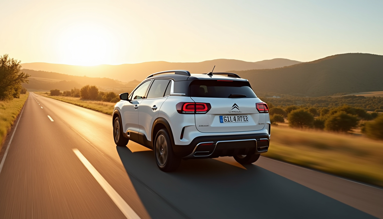 Citroën C5 Aircross en conduite sur route secondaire, vue de trois quarts avant, montrant les lignes du hayon vertical et les doubles pare-chocs