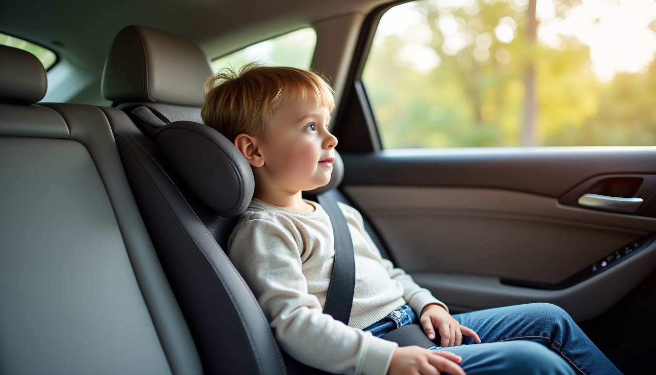 Enfant assis correctement dans un rehausseur avec ceinture bien positionnée