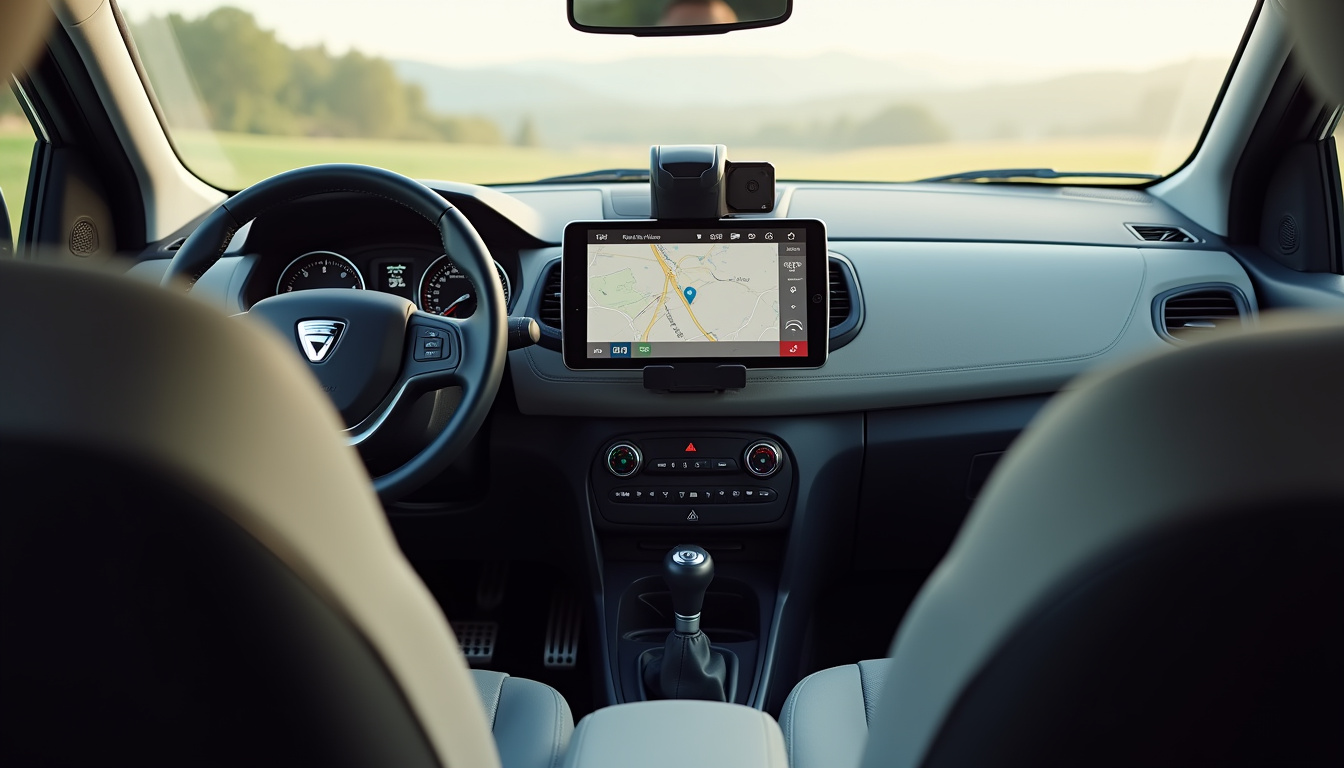 Habitacle de la Dacia Sandero Stepway avec écran multimédia et accessoire YouClip support tablette