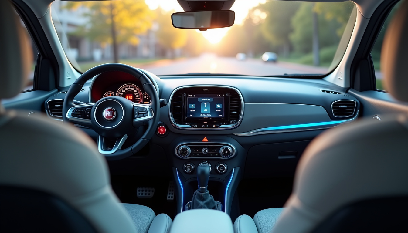 Intérieur de la Fiat 600 avec écran tactile Uconnect 5 et ambiance lumineuse