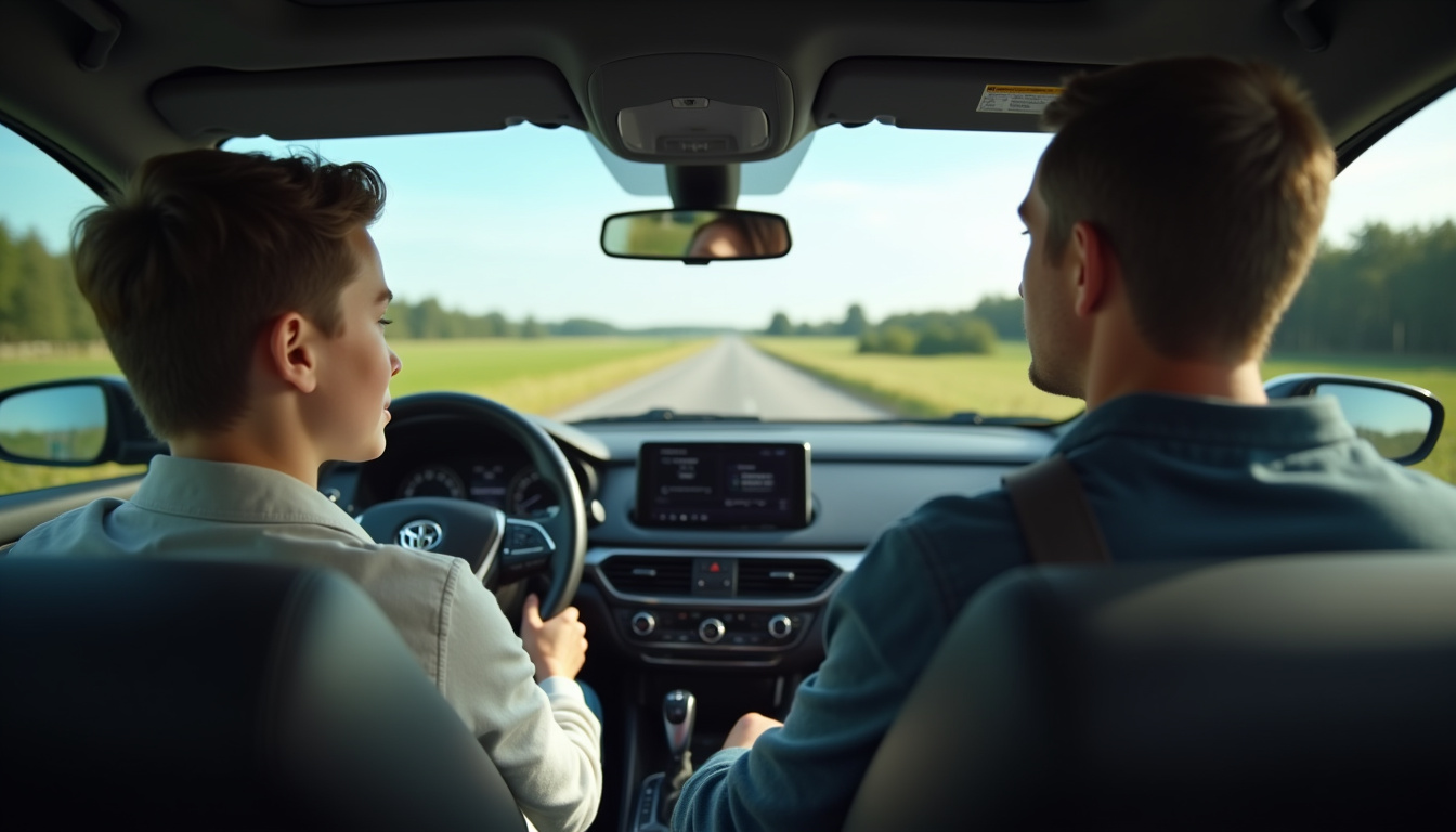 Jeune conducteur en conduite accompagnée avec un adulte à ses côtés dans une voiture en pleine journée