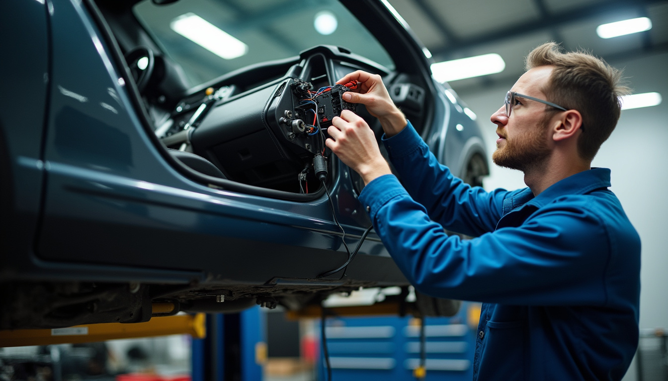 Mécanicien en train d’inspecter le système électrique d’un Range Rover Evoque en atelier