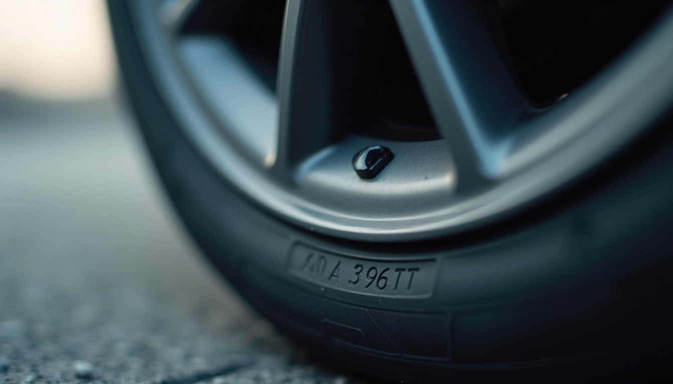 Pneu automobile avec zoom sur les inscriptions dimensionnelles au flanc