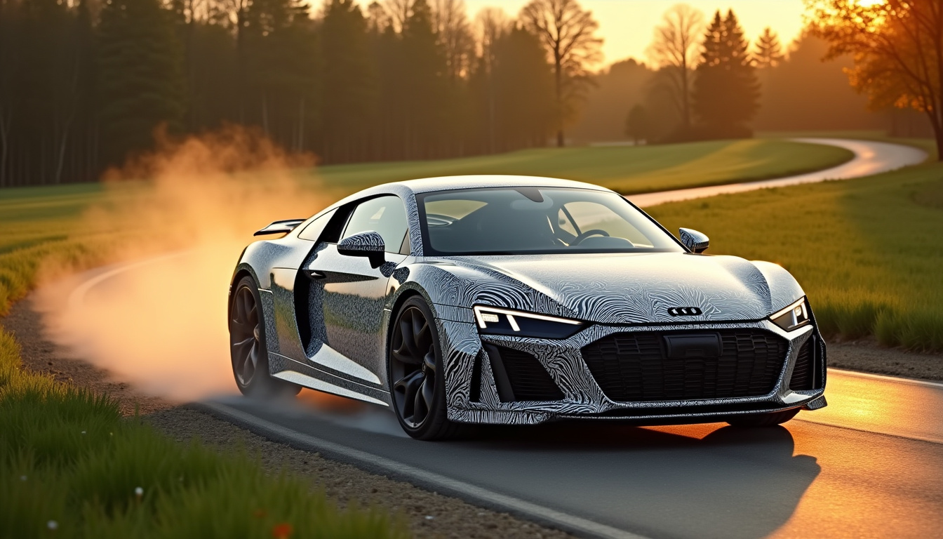 Prototype de la future Audi R8 électrique en phase de test, camouflé, sur une route de campagne