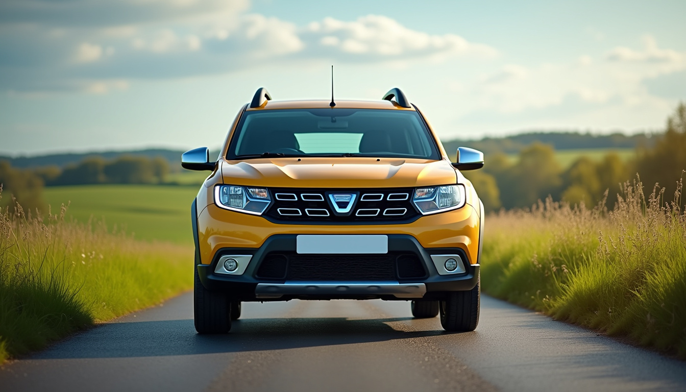 Vue de face de la Dacia Sandero Stepway en jaune ambré sur une route secondaire