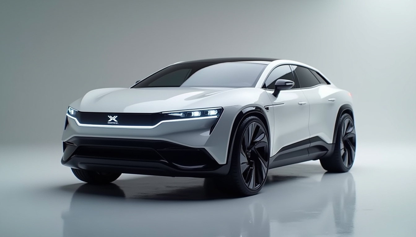 Vue de face et de profil du XPeng G6, SUV électrique au design futuriste avec bandeau lumineux X-BOT et toit fastback