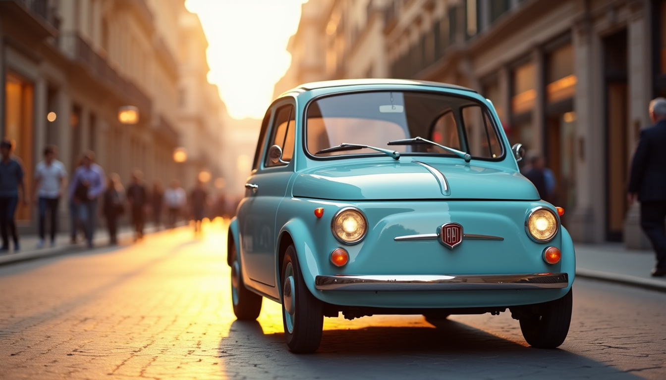 Vue extérieure de la Fiat 600 avec détails du design rétro et des lignes modernes