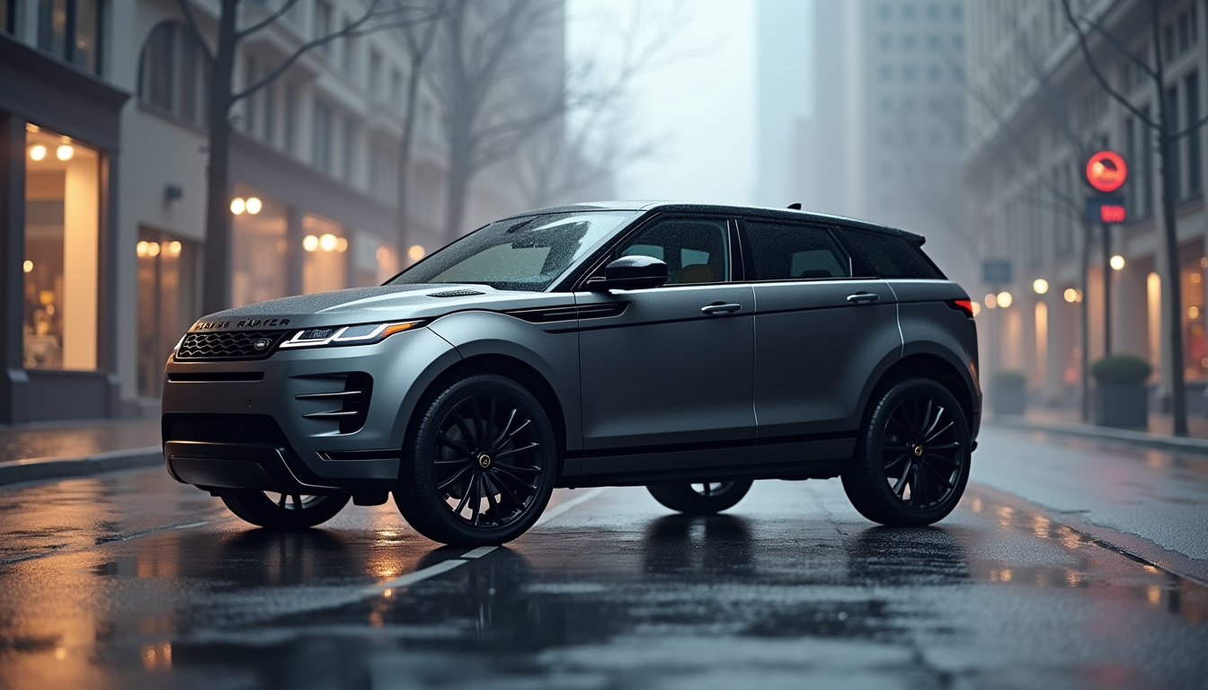 Vue latérale du Range Rover Evoque en extérieur urbain, mettant en valeur son toit flottant et ses jantes 21 pouces