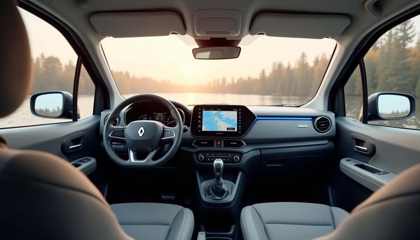 Intérieur du Renault Kangoo 2026 avec écran multimédia et sièges arrière pliés