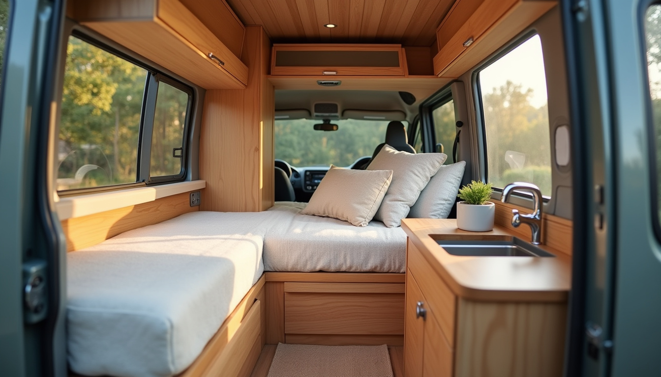 Intérieur d'un Kangoo transformé en van avec lit, cuisine et rangements